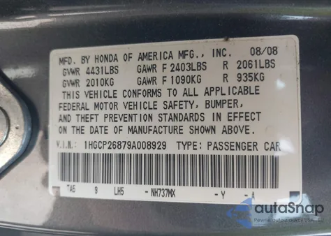 2009 Honda Accord 2.4 Ex-L from USA, damaged, VIN 1HGCP26879A008929